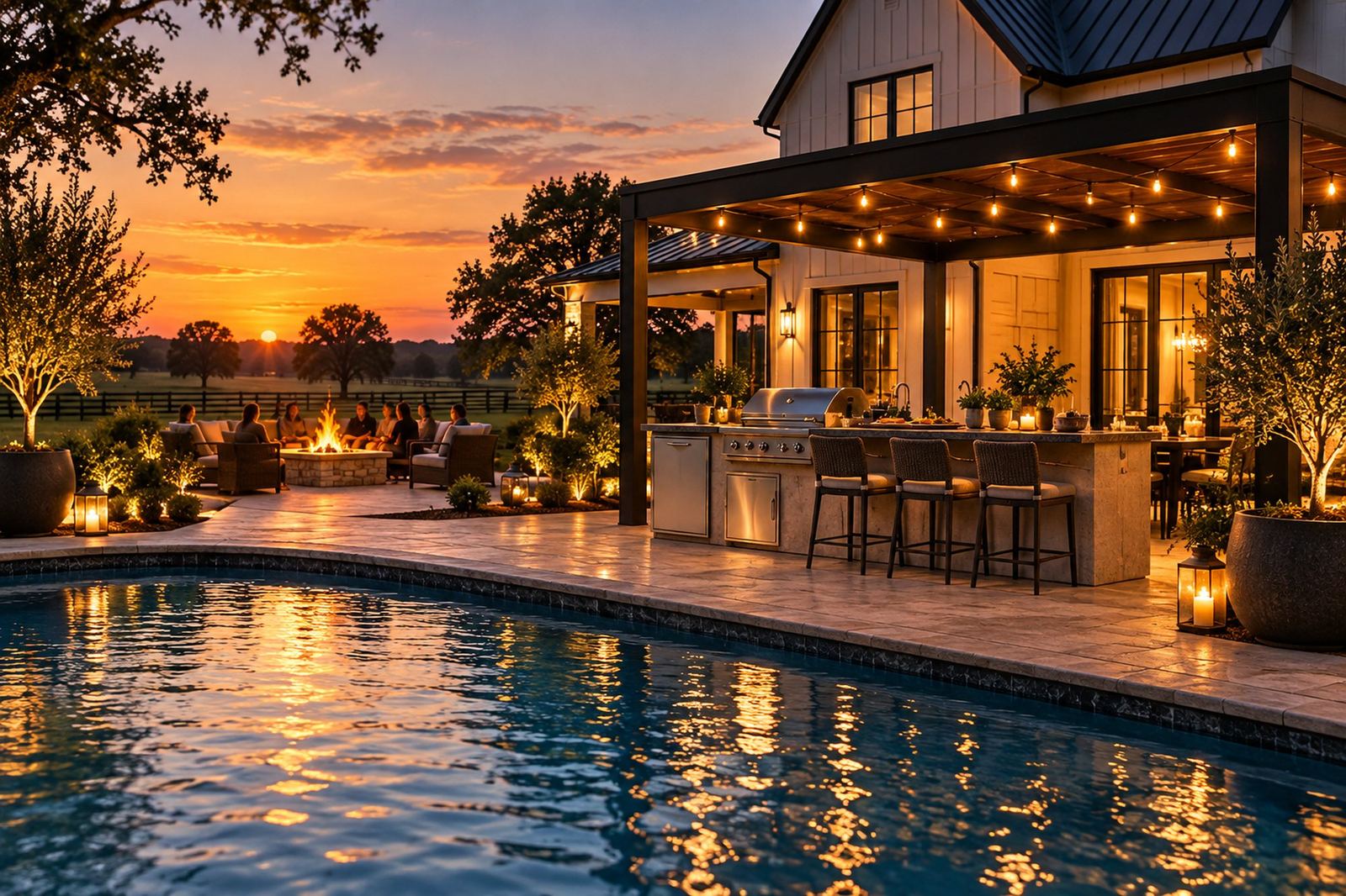 Outdoor kitchen at dusk by the pool