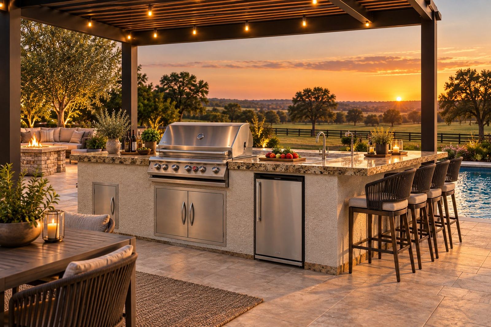 Covered outdoor kitchen under a pergola