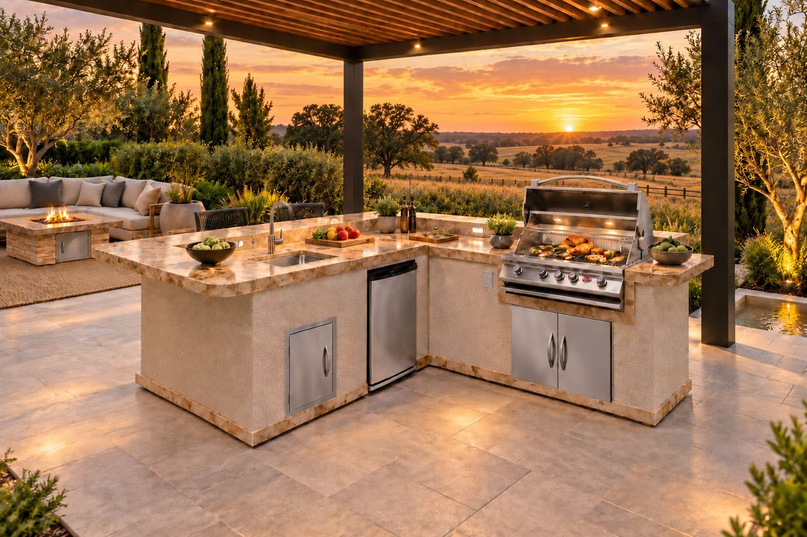 L-shaped outdoor kitchen with sink and grill