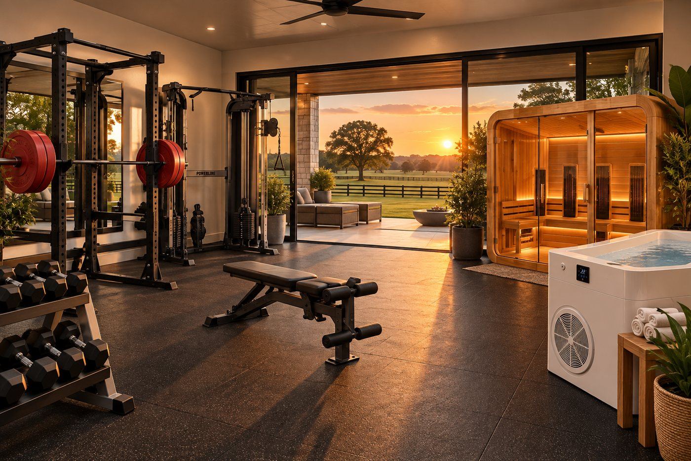 Wellness room with gym, sauna and cold plunge